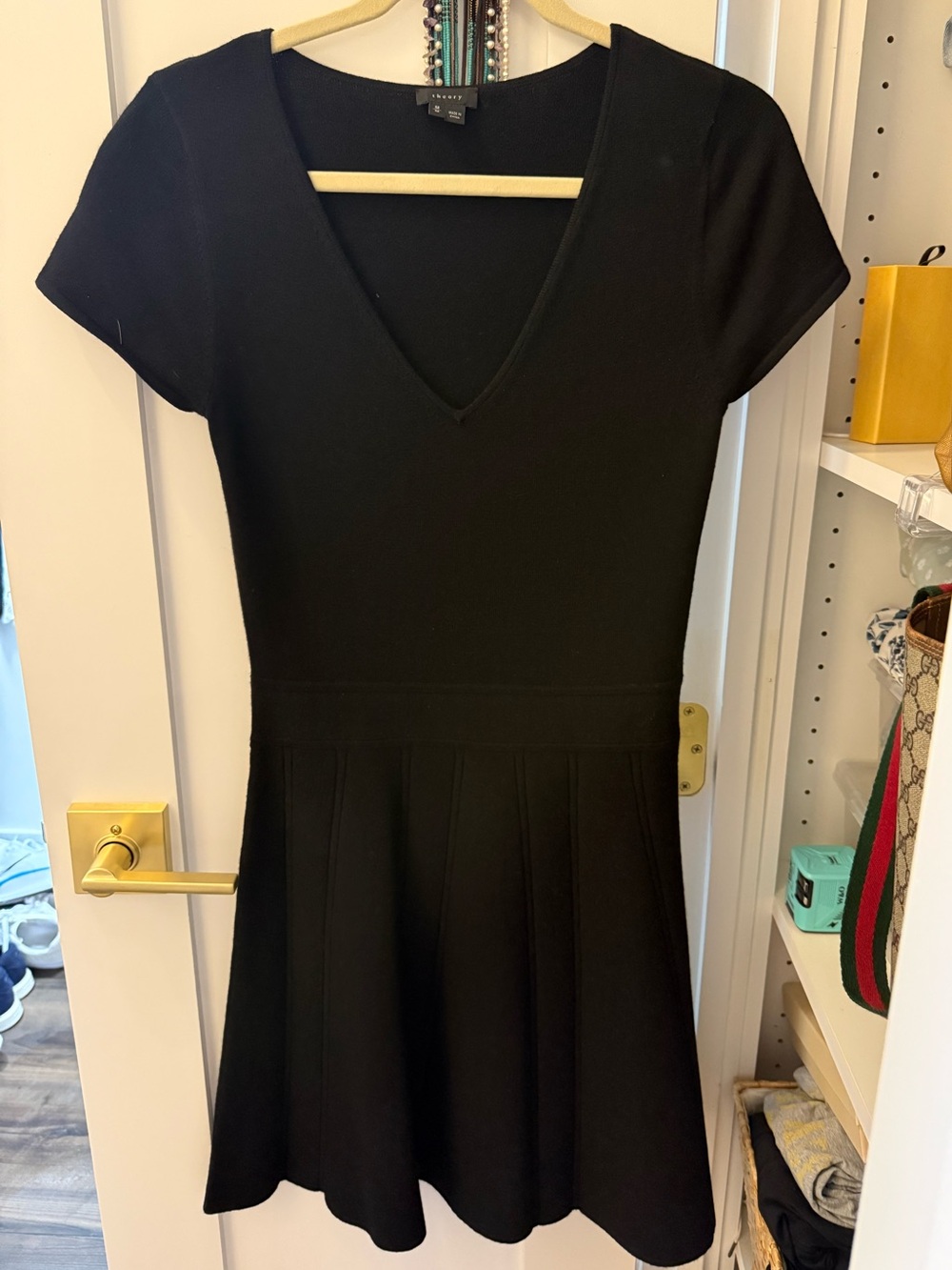 Theory Black V-Neck Short-Sleeve Fit-and-Flare Mini Dress
